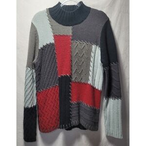 DENIM&Co Patchwork Knit Mock Neck Sweater Red Gray Black Blue Women's Large